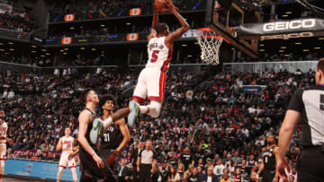Derrick Jones Jr. #5 of the Miami Heat dunks the ball against the Brooklyn Nets (Photo by Issac Baldizon/NBAE via Getty Images)