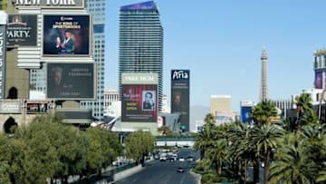 LAS VEGAS, NEVADA - JANUARY 14: The marquees at New York-New York Hotel & Casino and the Aria Resort & Casino on the Las Vegas Strip display a tribute to Siegfried Fischbacher after news of his death on January 14, 2021 in Las Vegas, Nevada. Siegfried Fischbacher died at age 81 in Las Vegas on January 13, 2021 after a battle with pancreatic cancer. Siegfried Fischbacher, headlined the Siegfried & Roy show at MGM's The Mirage Hotel & Casino from 1990 to 2003. (Photo by Denise Truscello/Getty Images)
