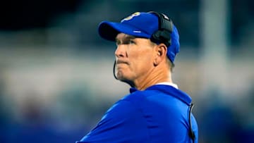 Sep 3, 2021; Lawrence, Kansas, USA; Kansas Jayhawks head coach Lance Leipold looks on during the first half against the South Dakota Coyotes at David Booth Kansas Memorial Stadium. Mandatory Credit: Jay Biggerstaff-USA TODAY Sports