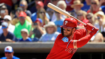CLEARWATER, FLORIDA - MARCH 09: Bryce Harper #3 of the Philadelphia Phillies hits in the first inning during a game against the Toronto Blue Jays on March 09, 2019 in Clearwater, Florida. (Photo by Mike Ehrmann/Getty Images)