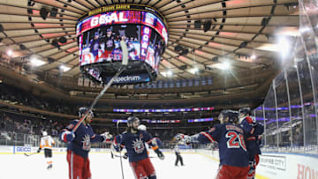 Mar 17, 2021; New York, New York, USA; The New York Rangers celebrate after a goal by right wing Pavel Buchnevich (89) against the Philadelphia Flyers at 1:38 of the second period at Madison Square Garden. Mandatory Credit: Bruce Bennett/POOL PHOTOS-USA TODAY Sports