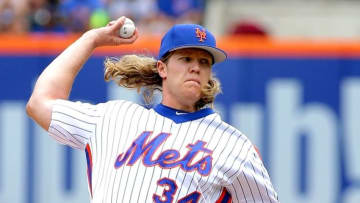 Jul 3, 2016; New York City, NY, USA; New York Mets starting pitcher Noah Syndergaard (34) pitches against the Chicago Cubs during the first inning at Citi Field. The Mets won 14-3. Mandatory Credit: Andy Marlin-USA TODAY Sports