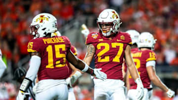 Auburn footballIowa State defensive back Myles Purchase, left and Craig McDonald celebrate a stop during a NCAA college football game in the Cheez-It Bowl against Clemson, Wednesday, Dec. 29, 2021, at the Camping World Stadium in Orlando, Fla.211229 Isu Clemson Cheez It 010 Jpg