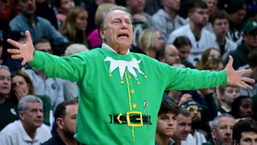 Dec 21, 2022; East Lansing, Michigan, USA; Michigan State Spartans head coach Tom Izzo disputes a call during a game against the Oakland Golden Grizzlies at Jack Breslin Student Events Center. Mandatory Credit: Dale Young-USA TODAY Sports