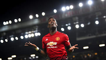 MANCHESTER, ENGLAND - DECEMBER 30: Paul Pogba of Manchester United celebrates as he scores his team's second goal during the Premier League match between Manchester United and AFC Bournemouth at Old Trafford on December 30, 2018 in Manchester, United Kingdom. (Photo by Michael Regan/Getty Images)