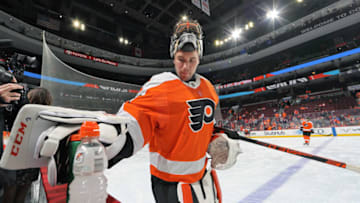 PHILADELPHIA, PA - DECEMBER 06: Anthony Stolarz #41 of the Philadelphia Flyers reaches for the water bottle during warm-ups against the Columbus Blue Jackets on December 6, 2018 at the Wells Fargo Center in Philadelphia, Pennsylvania. (Photo by Len Redkoles/NHLI via Getty Images)