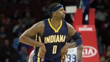 Apr 2, 2016; Philadelphia, PA, USA; Indiana Pacers forward C.J. Miles (0) reacts after his three pointer against the Philadelphia 76ers during the second half at Wells Fargo Center. The Pacers won 115-102. Mandatory Credit: Bill Streicher-USA TODAY Sports