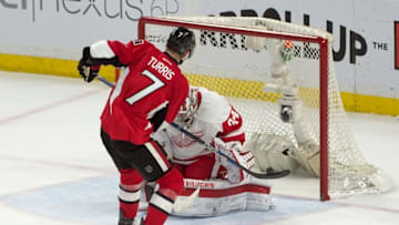 Feb 20, 2016; Ottawa, Ontario, CAN; Ottawa Senators center Kyle Turris (7) scores on Detroit Red Wings goalie Petr Mrazek (34) in a shootout at the Canadian Tire Centre. The Senators defeated the Red Wings 3-2. Mandatory Credit: Marc DesRosiers-USA TODAY Sports
