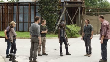 Andrew Lincoln as Rick Grimes, Danai Gurira as Michonne, Alanna Masterson as Tara Chambler, Christian Serratos as Rosita Espinosa, Ross Marquand as Aaron, Jason Douglas as Tobin - The Walking Dead _ Season 7, Episode 9 - Photo Credit: Gene Page/AMC