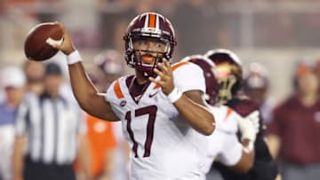 TALLAHASSEE, FL - SEPTEMBER 03: Josh Jackson #17 of the Virginia Tech Hokies looks to pass the ball in the first quarter of the game against the Florida State Seminoles at Doak Campbell Stadium on September 3, 2018 in Tallahassee, Florida. (Photo by Joe Robbins/Getty Images)