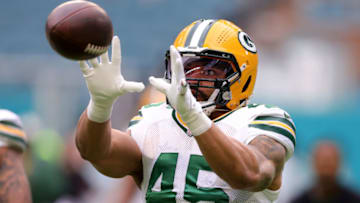 MIAMI GARDENS, FLORIDA - DECEMBER 25: Eric Wilson #45 of the Green Bay Packers warms up prior to a game against the Miami Dolphins at Hard Rock Stadium on December 25, 2022 in Miami Gardens, Florida. (Photo by Megan Briggs/Getty Images)