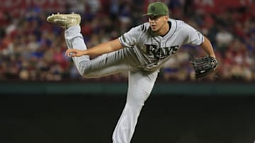 ARLINGTON, TX - MAY 29: Jose De Leon of the Tampa Bay Rays pitches against the Texas Rangers during the sixth inning at Globe Life Park in Arlington on May 29, 2017 in Arlington, Texas. The Rays won 10-8. (Photo by Ron Jenkins/Getty Images)
