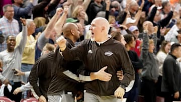 Nov 19, 2021; Charleston, South Carolina, USA; St. Bonaventure Bonnies head coach Mark Schmidt reacts to their victory over the Clemson Tigers at TD Arena. Mandatory Credit: David Yeazell-USA TODAY Sports