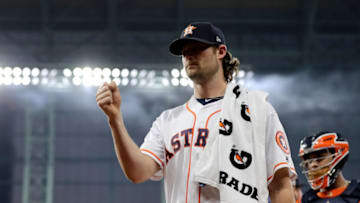 HOUSTON, TEXAS - OCTOBER 22: Gerrit Cole #45 of the Houston Astros prepares for Game One of the 2019 World Series against the Washington Nationals at Minute Maid Park on October 22, 2019 in Houston, Texas. (Photo by Elsa/Getty Images)