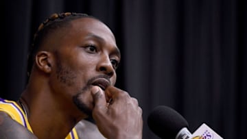 EL SEGUNDO, CALIFORNIA - SEPTEMBER 27: Dwight Howard speaks to the press during Los Angeles Lakers media day at UCLA Health Training Center on September 27, 2019 in El Segundo, California. (Photo by Harry How/Getty Images)
