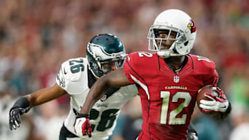 GLENDALE, AZ - OCTOBER 26: Wide receiver John Brown #12 of the Arizona Cardinals runs with the football en route to scoring on a 75-yard touchdown reception against cornerback Cary Williams #26 of the Philadelphia Eagles in the fourth quarter during NFL game at the University of Phoenix Stadium on October 26, 2014 in Glendale, Arizona. (Photo by Christian Petersen/Getty Images)