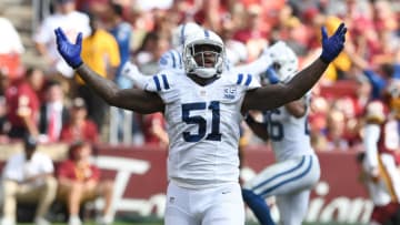 LANDOVER, MD - SEPTEMBER 16: Jihad Ward #51 of the Indianapolis Colts celebrates during the game against the Washington Redskins at FedExField on September 16, 2018 in Landover, Maryland. (Photo by G Fiume/Getty Images)