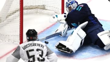 Sep 8, 2016; Quebec City, Quebec, Canada; Team Europe goalie Jaroslav Halak (41) makes a save against Team North America defenseman Shayne Gostisbehere (53) during the second period of the World Cup of Hockey pre-tournament game at Videotron Centre. Mandatory Credit: Jean-Yves Ahern-USA TODAY Sports