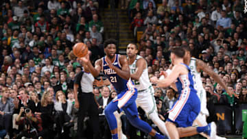 BOSTON, MA - JANUARY 18: Joel Embiid #21 of the Philadelphia 76ers handles the ball against the Boston Celtics on January 18, 2018 at the TD Garden in Boston, Massachusetts. NOTE TO USER: User expressly acknowledges and agrees that, by downloading and/or using this photograph, user is consenting to the terms and conditions of the Getty Images License Agreement. Mandatory Copyright Notice: Copyright 2018 NBAE (Photo by Brian Babineau/NBAE via Getty Images)