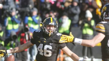 IOWA CITY, IA - NOVEMBER 21: Tight end George Kittle #46 celebrates with wide receiver Matt VandeBerg #89 of the Iowa Hawkeyes after a touchdown in the second half against the Purdue Boilermakers on November 21, 2015 at Kinnick Stadium, in Iowa City, Iowa. (Photo by Matthew Holst/Getty Images)