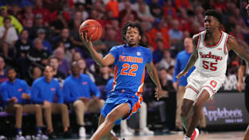 FORT MYERS, FLORIDA - NOVEMBER 24: Tyree Appleby #22 of the Florida Gators drives to the basket against the Ohio State Buckeyes in the second half of the Championship Game in the Beach Division of The Fort Myers Tip-Off at Suncoast Credit Union Arena on November 24, 2021 in Fort Myers, Florida. (Photo by Mark Brown/Getty Images)