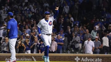 Jul 7, 2021; Chicago, Illinois, USA; Chicago Cubs left fielder Joc Pederson (24) celebrates the Cubs win against the Philadelphia Phillies at Wrigley Field. Mandatory Credit: David Banks-USA TODAY Sports