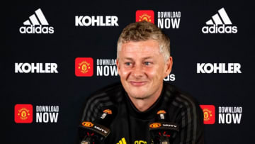 MANCHESTER, ENGLAND - AUGUST 16: (EXCLUSIVE COVERAGE) Manager Ole Gunnar Solskjaer of Manchester United speaks during a press conference at Aon Training Complex on August 16, 2019 in Manchester, England. (Photo by Ash Donelon/Manchester United via Getty Images)