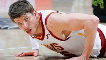 ATLANTA, GA - FEBRUARY 09: Kyle Korver #26 of the Cleveland Cavaliers reacts after diving for a loose ball against the Atlanta Hawks at Philips Arena on February 9, 2018 in Atlanta, Georgia. NOTE TO USER: User expressly acknowledges and agrees that, by downloading and or using this photograph, User is consenting to the terms and conditions of the Getty Images License Agreement. (Photo by Kevin C. Cox/Getty Images)