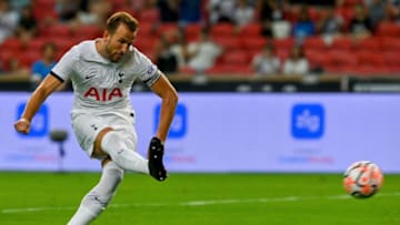 Tottenham Hotspur's Harry Kane takes a penalty kick against Lion City Sailors during Singapore Festival of Football pre-season match in Singapore on July 26, 2023. (Photo by Roslan RAHMAN / AFP) (Photo by ROSLAN RAHMAN/AFP via Getty Images)