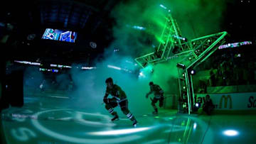 May 1, 2016; Dallas, TX, USA; Dallas Stars left wing Patrick Sharp (10) and defenseman John Klingberg (3) take the ice to face the St. Louis Blues during game two of the first round of the 2016 Stanley Cup Playoffs at the American Airlines Center. The Blues win 4-3 in overtime. Mandatory Credit: Jerome Miron-USA TODAY Sports