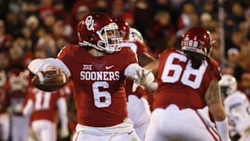 Nov 21, 2015; Norman, OK, USA; Oklahoma Sooners quarterback Baker Mayfield (6) during the game against the TCU Horned Frogs at Gaylord Family - Oklahoma Memorial Stadium. Mandatory Credit: Kevin Jairaj-USA TODAY Sports