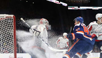 UNIONDALE, NEW YORK - JANUARY 18: Ilya Samsonov #30 of the Washington Capitals tends net against the New York Islanders at NYCB Live's Nassau Coliseum on January 18, 2020 in Uniondale, New York. The Capitals defeated the Islanders 6-4. (Photo by Bruce Bennett/Getty Images)