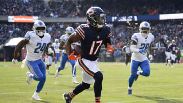 CHICAGO, ILLINOIS - NOVEMBER 11: Anthony Miller #17 of the Chicago Bears runs in for a touchdown against the Detroit Lions at Soldier Field on November 11, 2018 in Chicago, Illinois. (Photo by Quinn Harris/Getty Images)