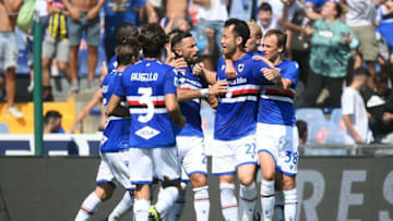 Sampdoria's Japan's defender Maya Yoshida (2R) celebrates with teammates after scoring his team's first goal during the Italian Serie A football match between Sampdoria and Inter Milan at the Luigi Ferraris Stadium in Genoa on September 12, 2021. (Photo by Marco BERTORELLO / AFP) (Photo by MARCO BERTORELLO/AFP via Getty Images)