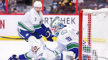 OTTAWA, ONTARIO - DECEMBER 01: Thatcher Demko #35 of the Vancouver Canucks skates against the Ottawa Senators at Canadian Tire Centre on December 01, 2021 in Ottawa, Ontario. (Photo by Chris Tanouye/Getty Images)