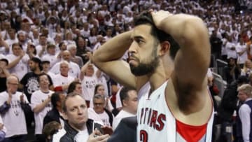 May 4, 2014; Toronto, Ontario, CAN; Toronto Raptors forward Landry Fields (2) comes off the court after a loss to the Brooklyn Nets in game seven of the first round of the 2014 NBA Playoffs at the Air Canada Centre. Brooklyn defeated Toronto 104-103. Mandatory Credit: John E. Sokolowski-USA TODAY Sports