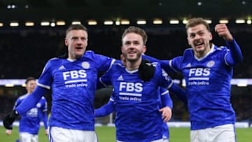 BURNLEY, ENGLAND - MARCH 01: James Maddison celebrates with Jamie Vardy and Kiernan Dewsbury-Hall of Leicester City after scoring their team's first goal during the Premier League match between Burnley and Leicester City at Turf Moor on March 01, 2022 in Burnley, England. (Photo by Alex Livesey/Getty Images)