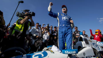 MANSFIELD, OH - JULY 30: Josef Newgarden celebrates after winning the Verizon IndyCar Series Honda Indy 200 race at Mid-Ohio Sports Car Course on July 30, 2017 in Mansfield, Ohio. (Photo by Brian Cleary/Getty Images)