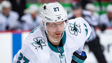 DETROIT, MI - FEBRUARY 24: Joonas Donskoi #27 of the San Jose Sharks gets set for the face-off against the Detroit Red Wings during an NHL game at Little Caesars Arena on February 24, 2019 in Detroit, Michigan. San Jose defeated Detroit 5-3. (Photo by Dave Reginek/NHLI via Getty Images)