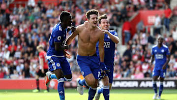 SOUTHAMPTON, ENGLAND - AUGUST 25: Harry Maguire of Leicester City celebrates after scoring his sides second goal during the Premier League match between Southampton FC and Leicester City at St Mary's Stadium on August 25, 2018 in Southampton, United Kingdom. (Photo by Bryn Lennon/Getty Images)
