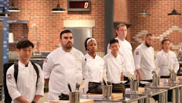 TOP CHEF -- "Friday Night Bites" Episode 1902 -- Pictured: (l-r) Sam Kang, Robert Hernandez, Ashleigh Shanti, Jo Chan, Jackson Kalb, Luke Kolpin, Jae Jung -- (Photo by: David Moir/Bravo)