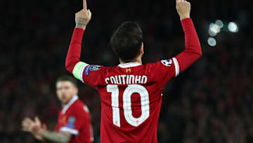 LIVERPOOL, ENGLAND - DECEMBER 06: Philippe Coutinho of Liverpool celebrates after scoring his sides secong goal during the UEFA Champions League group E match between Liverpool FC and Spartak Moskva at Anfield on December 6, 2017 in Liverpool, United Kingdom. (Photo by Clive Brunskill/Getty Images)