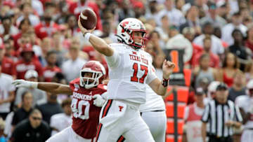 NORMAN, OK - SEPTEMBER 28: Quarterback Jackson Tyner #17 of the Texas Tech Red Raiders throws against the Oklahoma Sooners at Gaylord Family Oklahoma Memorial Stadium on September 28, 2019 in Norman, Oklahoma. The Sooners defeated the Red Raiders 55-16. (Photo by Brett Deering/Getty Images)