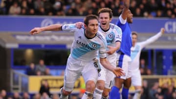 LIVERPOOL, ENGLAND - DECEMBER 30: Frank Lampard (L) of Chelsea celebrates scoring his team's second goal to make the score 1-2 during the Barclays Premier League match between Everton and Chelsea at Goodison Park on December 30, 2012 in Liverpool, England. (Photo by Michael Regan/Getty Images)