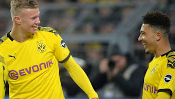 DORTMUND, GERMANY - JANUARY 24: (BILD ZEITUNG OUT) Erling Braut Haaland of Borussia Dortmund and Jadon Sancho of Borussia Dortmund laughs during the Bundesliga match between Borussia Dortmund and 1. FC Koeln at Signal Iduna Park on January 24, 2020 in Dortmund, Germany. (Photo by TF-Images/Getty Images)