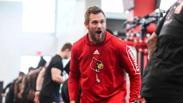 Ben Sowders works the Louisville football team during a strength session recently. Sowders is the director of strength and conditioning for the Louisville football team. Sowders, a Bowling Green, Ky. native, spent the last four years at Georgia, where the Bulldogs played in three SEC championship games before winning the 2021 National Championship game in January.Uofl Strength Coach Ben Sowders