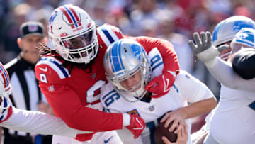 FOXBOROUGH, MASSACHUSETTS - OCTOBER 09: Matthew Judon #9 of the New England Patriots sacks Jared Goff #16 of the Detroit Lions during the first half at Gillette Stadium on October 09, 2022 in Foxborough, Massachusetts. (Photo by Nick Grace/Getty Images)