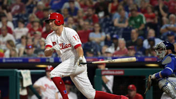 PHILADELPHIA, PA - MAY 25: Rhys Hoskins #17 of the Philadelphia Phillies hits an RBI double in the eighth inning during a game against the Toronto Blue Jays at Citizens Bank Park on May 25, 2018 in Philadelphia, Pennsylvania. The Blue Jays won 6-5. (Photo by Hunter Martin/Getty Images)