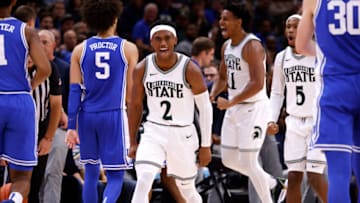 CHICAGO, ILLINOIS - NOVEMBER 14: Tyson Walker #2 of the Michigan State Spartans reacts against the Duke Blue Devils during the Champions Classic at United Center on November 14, 2023 in Chicago, Illinois. Duke won 74-65. (Photo by Lance King/Getty Images)