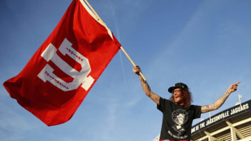 JACKSONVILLE, FL - JANUARY 02: Indiana Hoosiers fan gets ready outside the stadium prior to the start of the TaxSlayer Gator Bowl against the Tennessee Volunteers at TIAA Bank Field on January 2, 2020 in Jacksonville, Florida. (Photo by Joe Robbins/Getty Images)